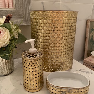 Vintage Stylebuilt Gold Basket Weave Bathroom Accessories Three Piece Set