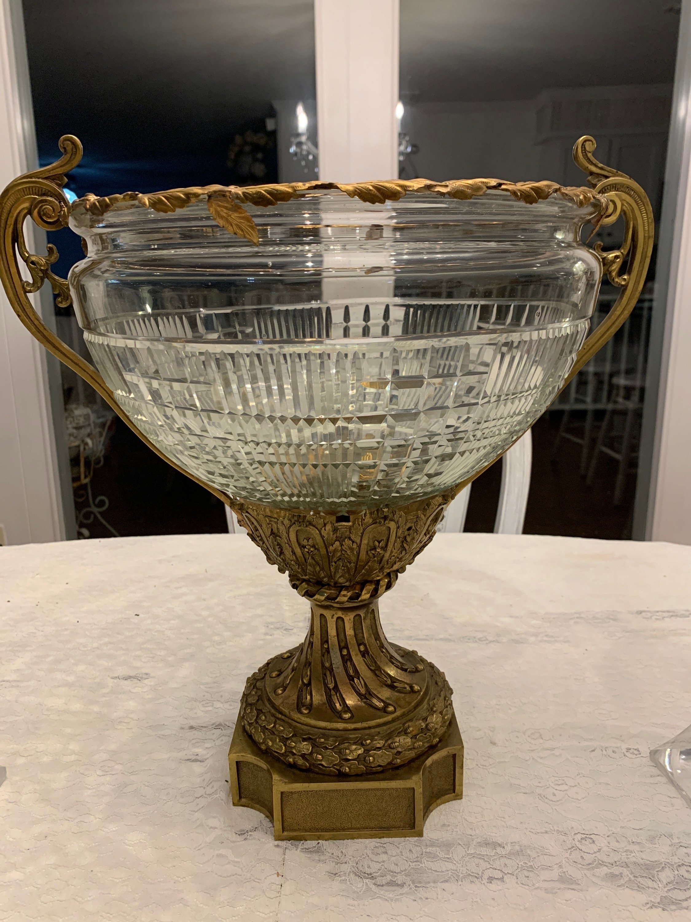 Gorgeous Antique Cut Crystal And Bronze Centerpiece Bowl Attributed To Baccarat Of France