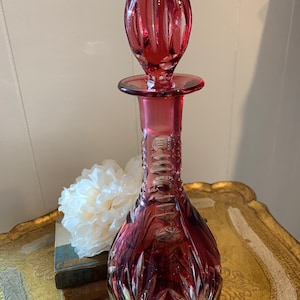 Cranberry Decanter Crystal Cut To Clear Bohemian Decanter