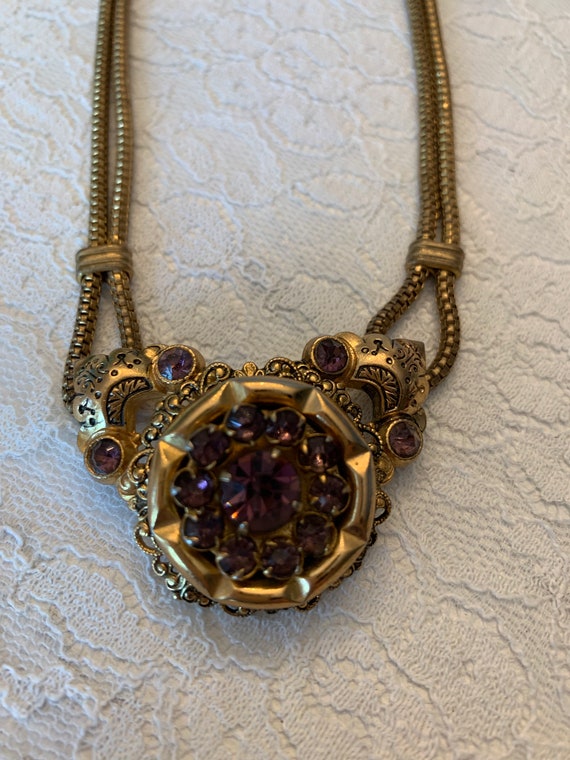 Vintage Coro Necklace Amethyst Colored Stones Gol… - image 3