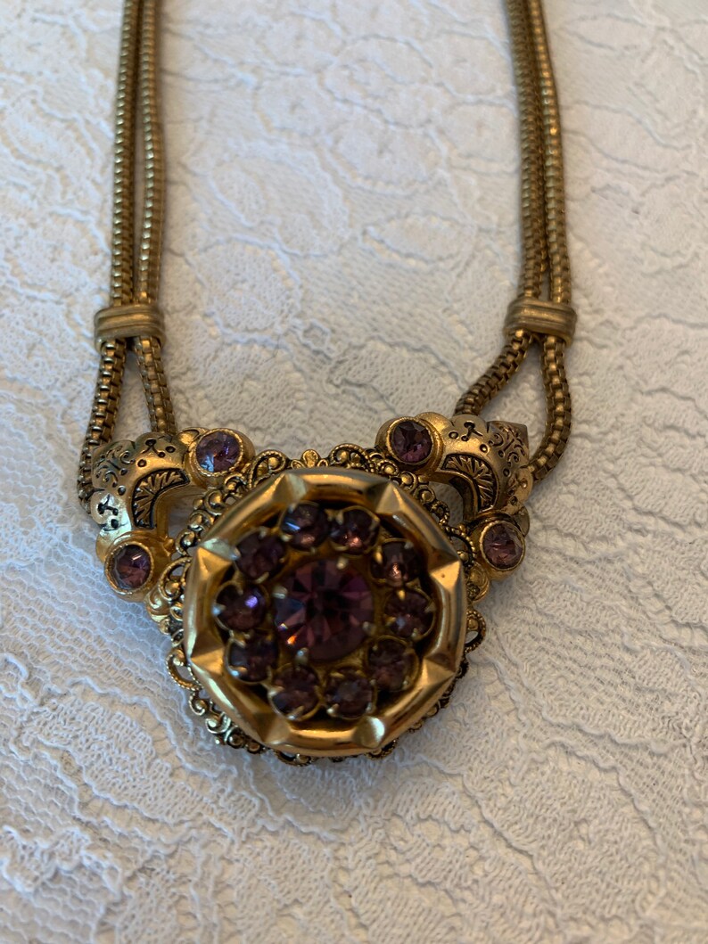 Vintage Coro Necklace Amethyst Colored Stones Gold Toned Necklace image 3