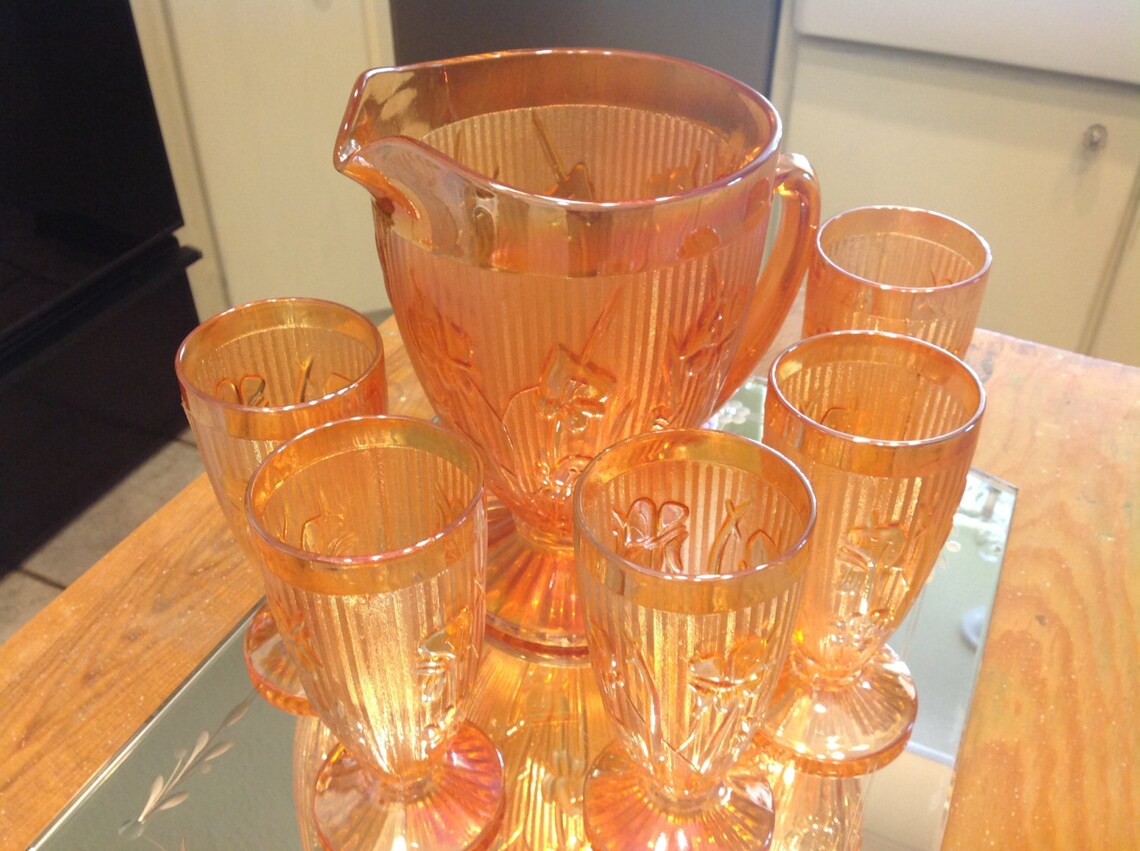 Vintage Carnival Glass Pitcher Six Tumbler Glasses Iridescent Etsy