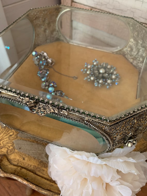 Gorgeous Gold Ormolu Jewelry Casket Large Beveled 