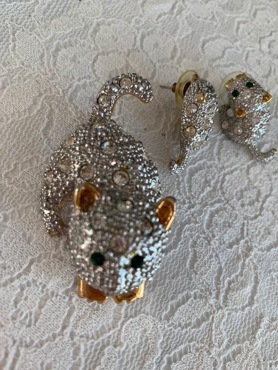 Vintage Cat Brooch Matching Earrings Rhinestone W… - image 3