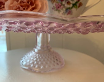 Gorham Pink Glass Large Pedestal Cake Plate Hobnail Pattern