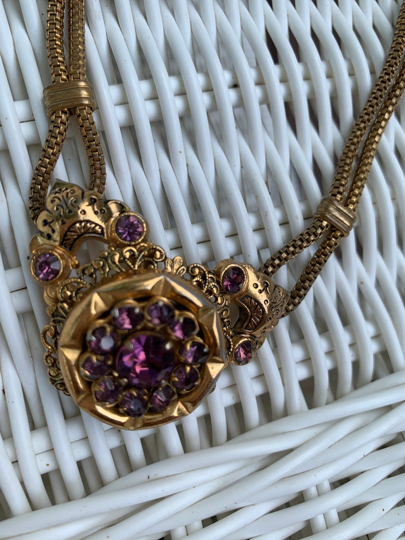 Vintage Coro Necklace Amethyst Colored Stones Gold Toned Necklace image 1