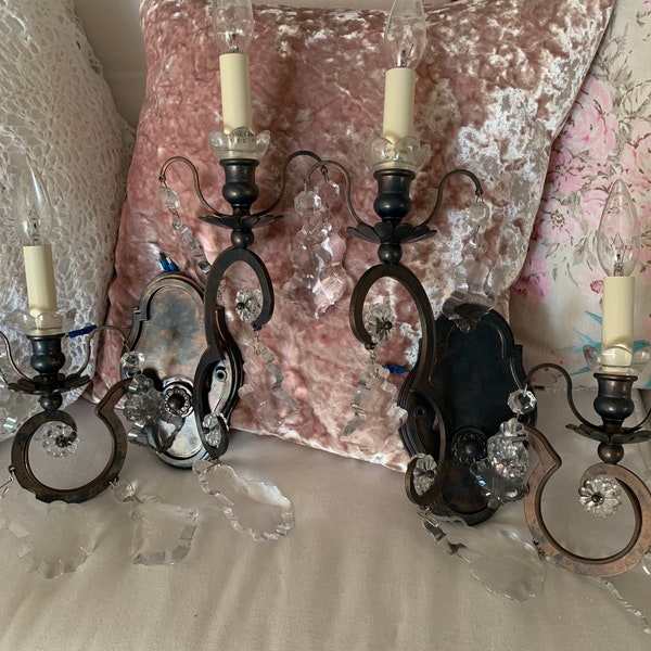 Gorgeous Pair Of Schonbek Bronze Wall Sconces French Crystals