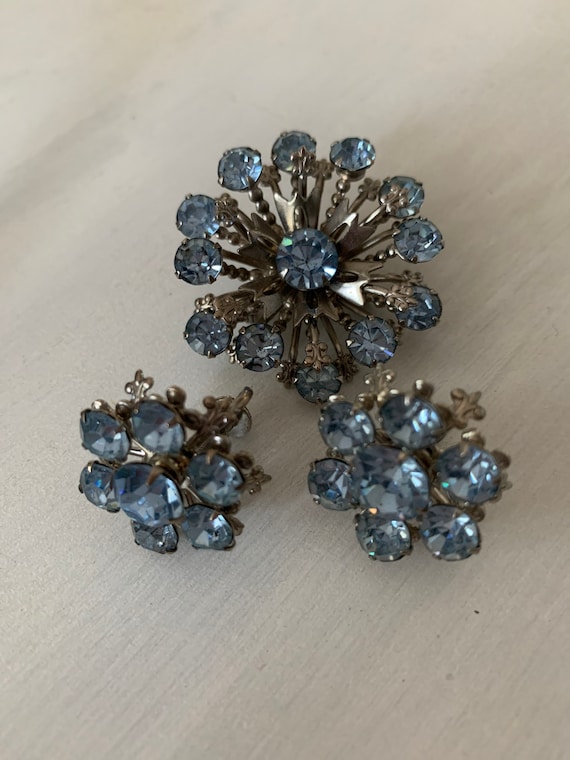 Vintage Brooch With Matching Earrings Light Blue … - image 4