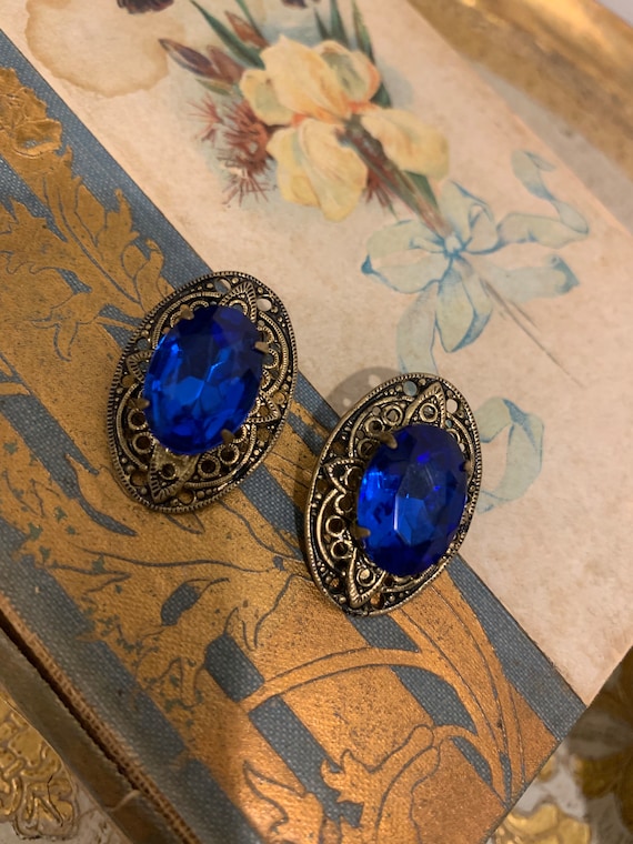 Vintage Earrings CZech Blue With Gold Filigree Gor