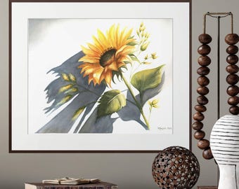 Sunflower Wall Art, Sunflower Watercolor Print, Botanical Wall Decor, Yellow Flower Artwork, Nature Inspired Home Decor