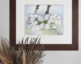 White Cherry Blossom Watercolor Print, Spring Floral Botanical Wall Art