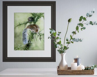 May include: A framed watercolor painting depicting two small brown and grey mice interacting on a green thistle plant. The artwork is enclosed in a dark brown frame with a white mat, showcasing detailed fur textures and natural green foliage tones.