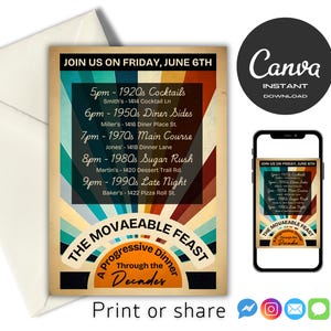 Könnte beinhalten: Eine Einladung im Retro-Stil für ein progressives Abendessen mit einem farbenfrohen Design mit einem Sonnenstrahlenmuster und dem Text "JOIN US ON FRIDAY, JUNE 6TH" und "THE MOVAEABLE FEAST". Die Einladung listet die Zeiten und Orte für jeden Gang auf, beginnend mit Cocktails um 17:00 Uhr und endend mit dem späten Abendessen um 21:00 Uhr.