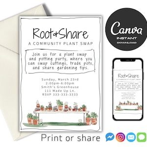 以下が含まれることがあります： 「Root+Share: A Community Plant Swap」という植物交換イベントの白黒の招待状。招待状には、日付、時間、場所、RSVP情報など、イベントの詳細が記載されています。招待状には、鉢植えの植物が置かれたテーブルの手描きイラストも含まれています。