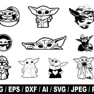 Pacchetto Baby Yoda Svg, Clipart Baby Yoda, Svg cartone animato, Design a sublimazione, File vettoriali, Design maglietta, Cricut, Silhouette, Download digitale