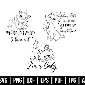 おしゃれキャット SVG、マリー SVG、猫 SVG、猫好き SVG、子猫 SVG、猫 T シャツ、クリップアート、昇華デザイン、カット ファイル Cricut、シルエット