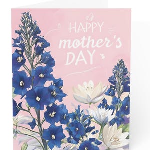 Tarjetas de felicitación para el Día de la Madre (flores personalizadas para el mes de nacimiento de julio) con delfinio y nenúfar