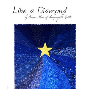 Puede incluir: Un patrón de colcha llamado "Like a Diamond" de Emma How de Sampaguita Quilts. La colcha presenta un diseño de estrella azul y amarilla con un tamaño terminado de 91 x 109 cm.
