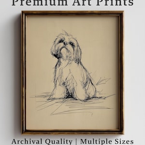 May include: A framed art print featuring a sketch of a Shih Tzu dog. The artwork is in black ink on a beige background, with the text "CloudBend Studios Premium Art Prints" at the top and "Archival Quality | Multiple Sizes Framed & Unframed" at the bottom.