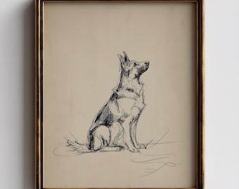 May include: Framed art print featuring a sketch of a German Shepherd dog in black and white. The artwork is set against a beige background and is enclosed in a gold-colored frame. Text at the top reads "CloudBend Studios Premium Art Prints."
