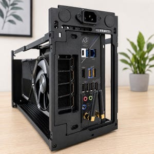 May include: A black open-frame computer case featuring a rear I/O panel with multiple USB ports, HDMI, Ethernet, and audio jacks. A graphics card with a visible cooling fan is mounted vertically, and two small black Wi-Fi antennas are attached.