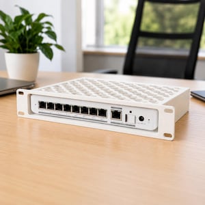 May include: A white network switch mounted in a rack-mount bracket, featuring eight Ethernet ports labeled 1 through 8, one additional Ethernet port, a small square button, and a circular power input port labeled Input 24V DC on the front panel.