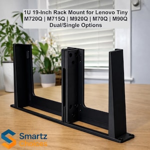 May include: Black 1U 19-inch rack mount for Lenovo Tiny computers. Compatible with M720Q, M715Q, M920Q, M70Q, and M90Q models. Features dual/single options. The Smartz Choices logo is visible.