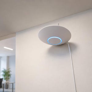 May include: A white, circular wireless access point mounted on a wall, featuring a glowing blue ring light in the center and a white power cable extending downward from the device, providing a clean and functional appearance for network connectivity.