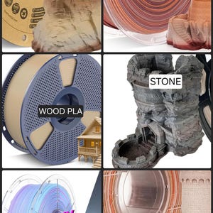 May include: A collection of six 3D printer filament spools in various colors and textures, including Rock, Red Limestone, Wood PLA, Stone, Galaxy PETG, and Yellow Rock, each paired with a 3D printed object demonstrating the material's finish.