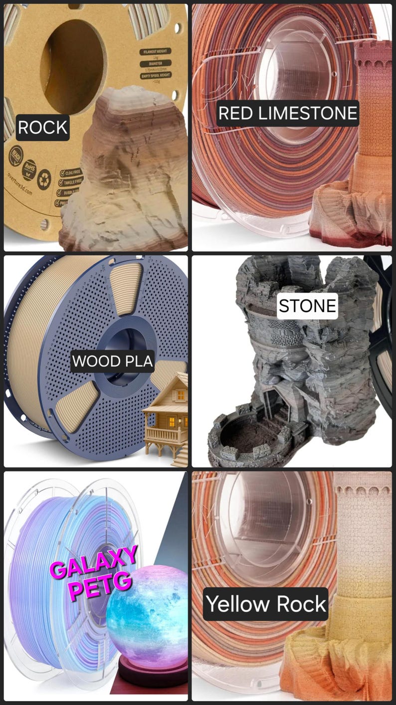 May include: A collection of six 3D printer filament spools in various colors and textures, including Rock, Red Limestone, Wood PLA, Stone, Galaxy PETG, and Yellow Rock, each paired with a 3D printed object demonstrating the material's finish.