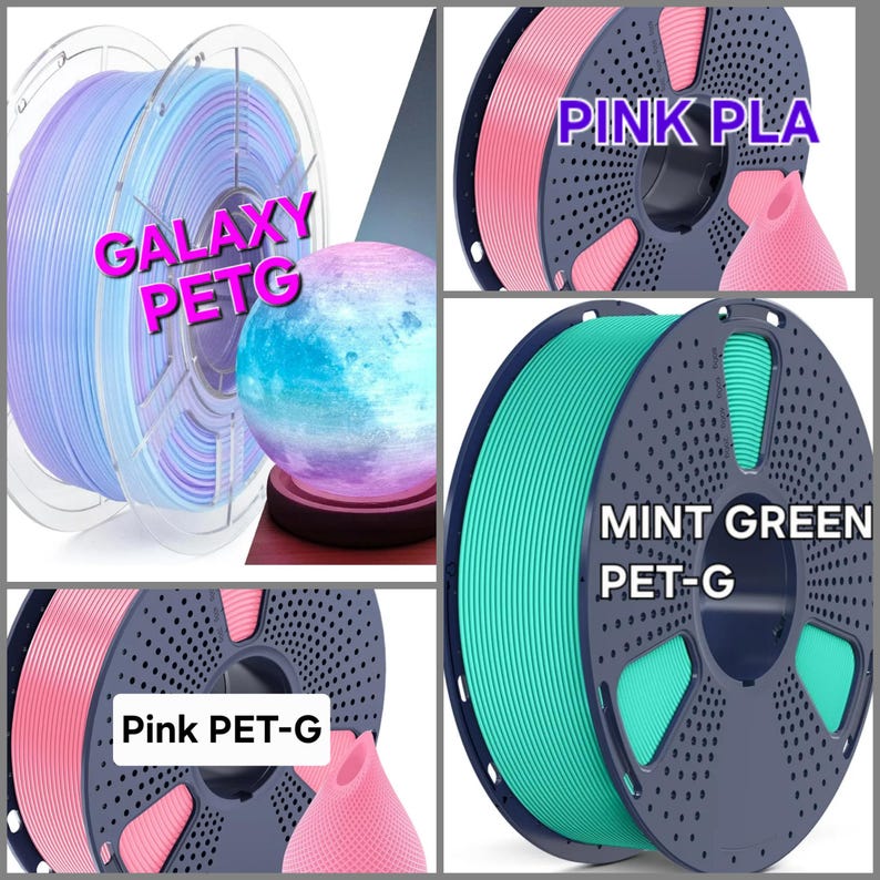 Puede incluir: Cuatro bobinas de filamento para impresora 3D en varios colores y materiales. Una bobina est&aacute; etiquetada como Galaxy PETG junto a un objeto esf&eacute;rico. Otras bobinas est&aacute;n etiquetadas como Pink PLA, Mint Green PET-G y Pink PET-G con marco oscuro.