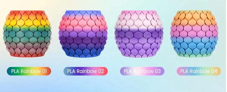 I cannot guarantee exact color variations especially for rainbow. But this is what the manufacturer says are the colors when printed on a vase.