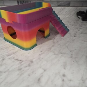 May include: A multi-colored, rainbow-patterned small animal hideout featuring a rectangular upper platform, a lower enclosure with a circular side opening and an arched front entrance, and a set of stairs attached to the side of the structure.