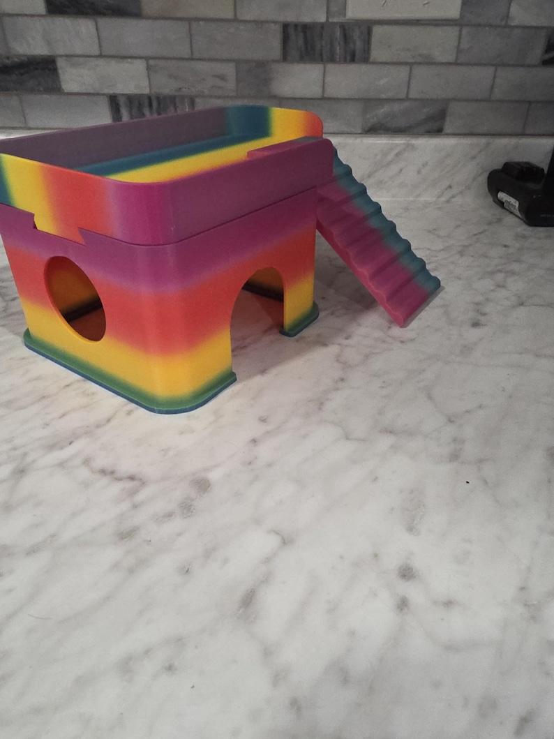 May include: A multi-colored, rainbow-patterned small animal hideout featuring a rectangular upper platform, a lower enclosure with a circular side opening and an arched front entrance, and a set of stairs attached to the side of the structure.