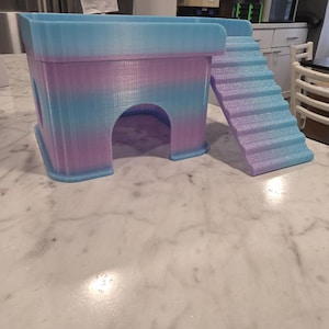May include: A 3D printed pet hideout featuring a rectangular structure with a rounded arched entrance and an attached staircase leading to the top platform. The object displays a gradient color pattern transitioning between light blue and soft purple.