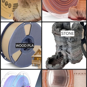 Puede incluir: Una colecci&oacute;n de seis bobinas de filamento para impresora 3D y sus modelos impresos correspondientes. Las etiquetas incluyen Rock, Red Limestone, Wood PLA, Stone, Galaxy PETG y Yellow Rock. Las bobinas se muestran con varios objetos impresos como torres, una casa y una esfera.