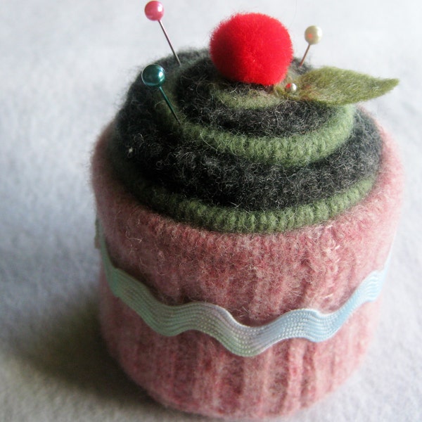 Cupcake Pincushion, Felted Wool, Upcycled Felted Wool, Pink, Green, Charcoal Gray, Ric Rac