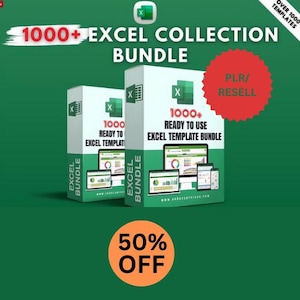 Op de afbeelding: Groene en witte productdoos met de tekst "1000+ EXCEL COLLECTION BUNDLE" en "READY TO USE EXCEL TEMPLATE BUNDLE". De doos heeft een rode cirkel met de tekst "PLR/RESELL" en een kleinere oranje cirkel met de tekst "50% OFF".