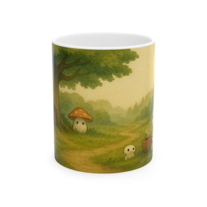 Taza de bosque inspirada en Ghibli, taza de café estilo cottagecore, taza de cerámica con estética anime, regalo acogedor para amantes de la naturaleza.