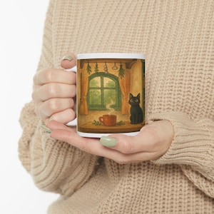 Cozy Kitchen Mug, Ghibli Inspired Ceramic Cup, Whimsical Cottagecore Coffee Mug with Cat, Soft Aesthetic Gift for Anime & Nature Lovers