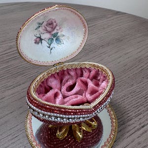 Egg Faberge Real Eggshell Handmade Bedazzled Velvet Maroon Floral Jewelry Box