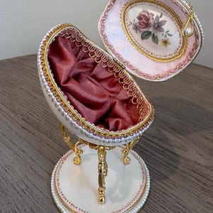 Handcrafted Faberge Egg Jewelry Box, Pink and Gold Floral Trinket