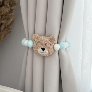 Plush Bear Curtain Tieback: Nursery Decor with Blue & White Poms