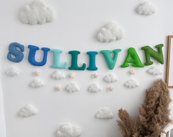 Custom Felt Name Banner: Cloud Star Nursery Decor, Personalized Garland