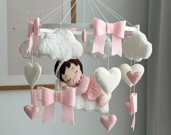 Pink Bow Baby Mobile – Felt Nursery Decor, Handmade Crib Mobile