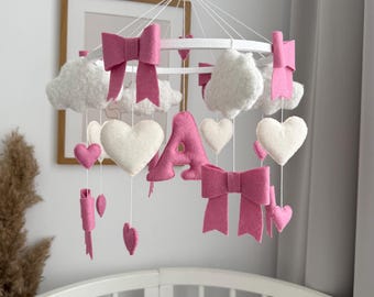 Pink Bow Baby Mobile - Felt Nursery Decor, Handmade