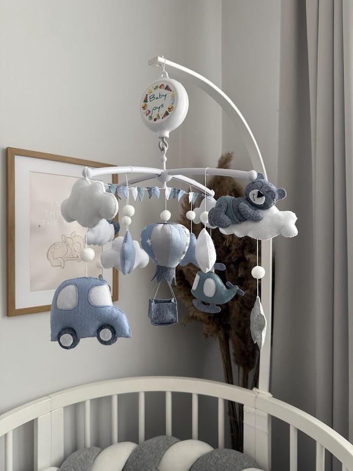 Handmade Felt Baby Mobile: Bear, Car, Hot Air Balloon Nursery Decor