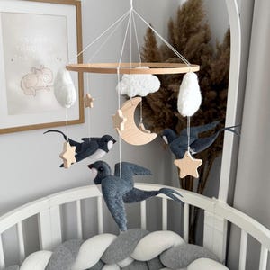 Bird Mobile.Baby Mobile Swallows & Stars. Handmade Crib Mobile for Newborns. Nursery Decor. Baby Shower Gift.Nursery Decor for Nature Lovers