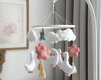 Goose Baby Mobile: Felt Geese, Flowers Crib Mobile