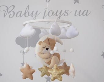 Teddy Bear Moon Baby Mobile: Felt Cloud & Star Nursery Decor